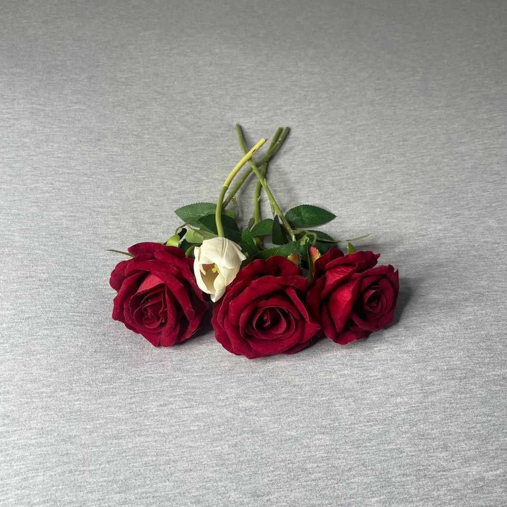 Artificial Faux Red Velvet Realistic-Looking Roses & Tulip Floral Arrangement